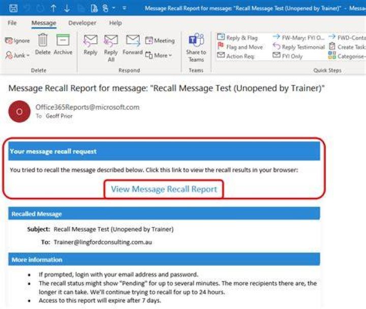 How do I know if my outlook recall was successful?