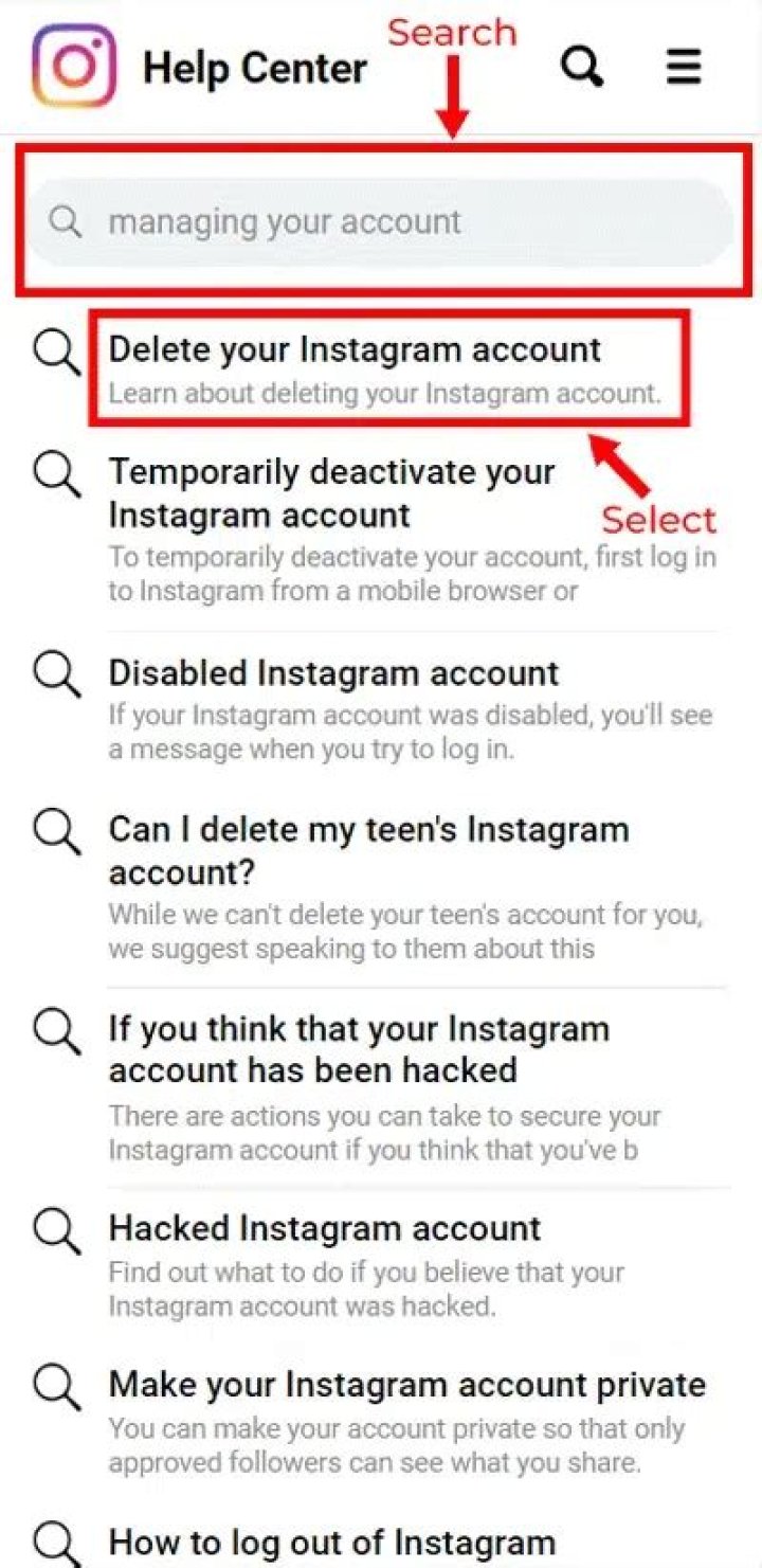 How do you delete a Instagram drop down account?