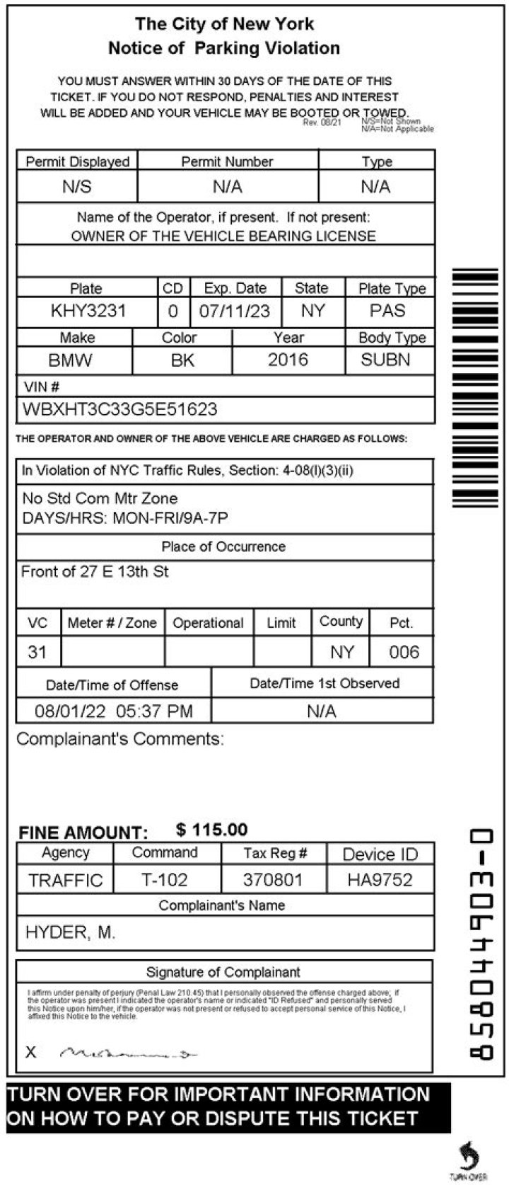 How much is a meter ticket in NYC?