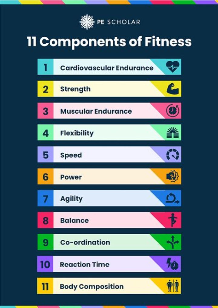 What are the 11 components of fitness and give examples of each?