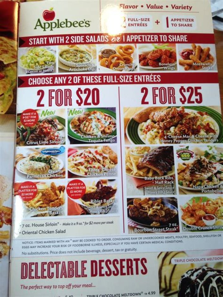 What is on the 2 for 25 menu at Applebee’s?