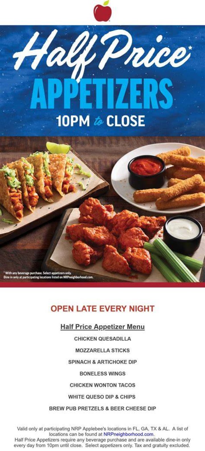 Which Applebee’s apps are half price?